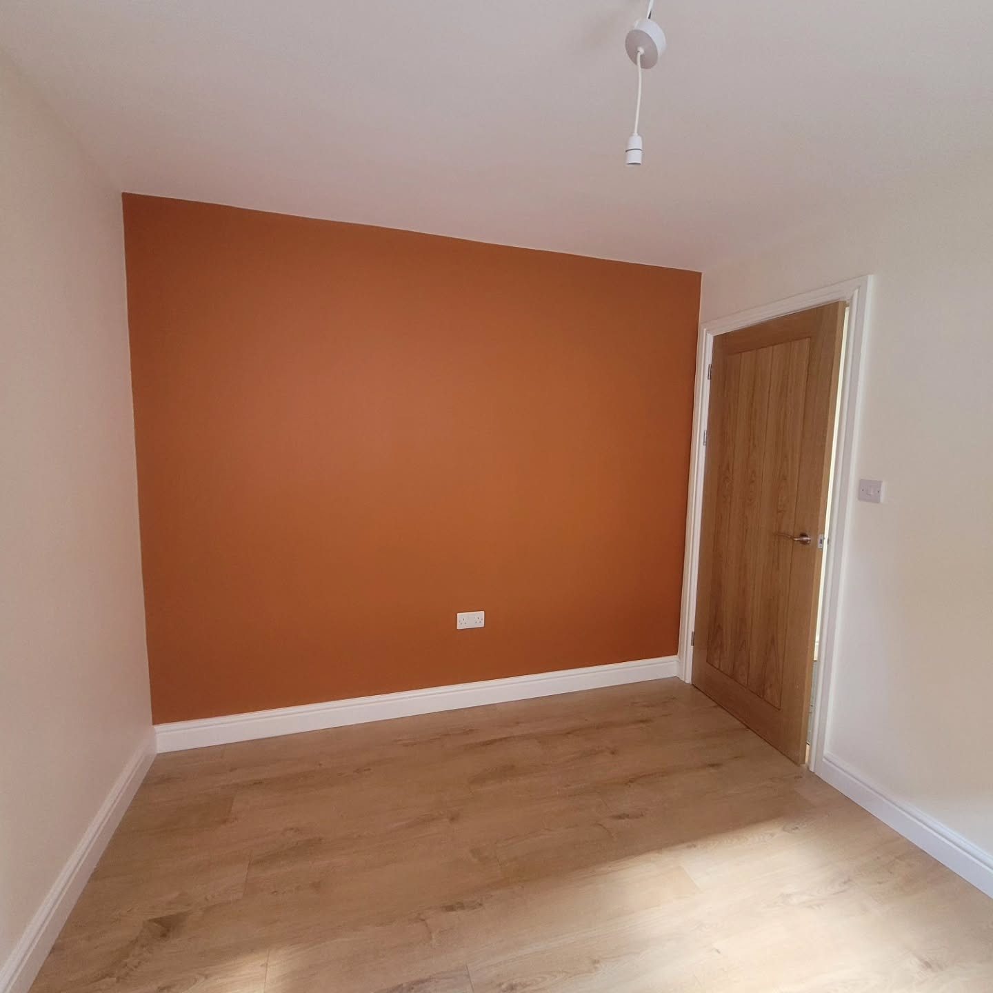 Burnt orange feature wall with an oak door and new floor